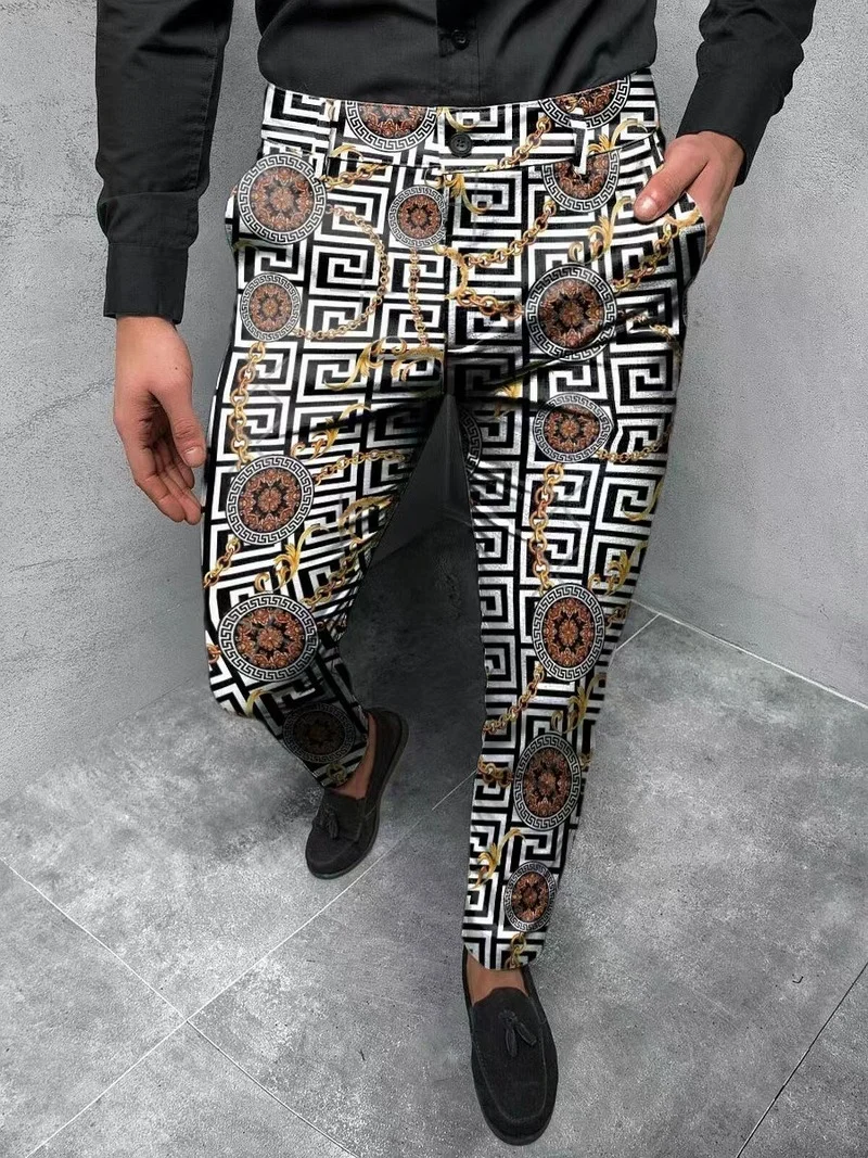

Spring Autumn Fashion Men Casual Business Mid Waist Zipper Suit Trousers Retro Pattern Print Straight Long Pants Mens Streetwea