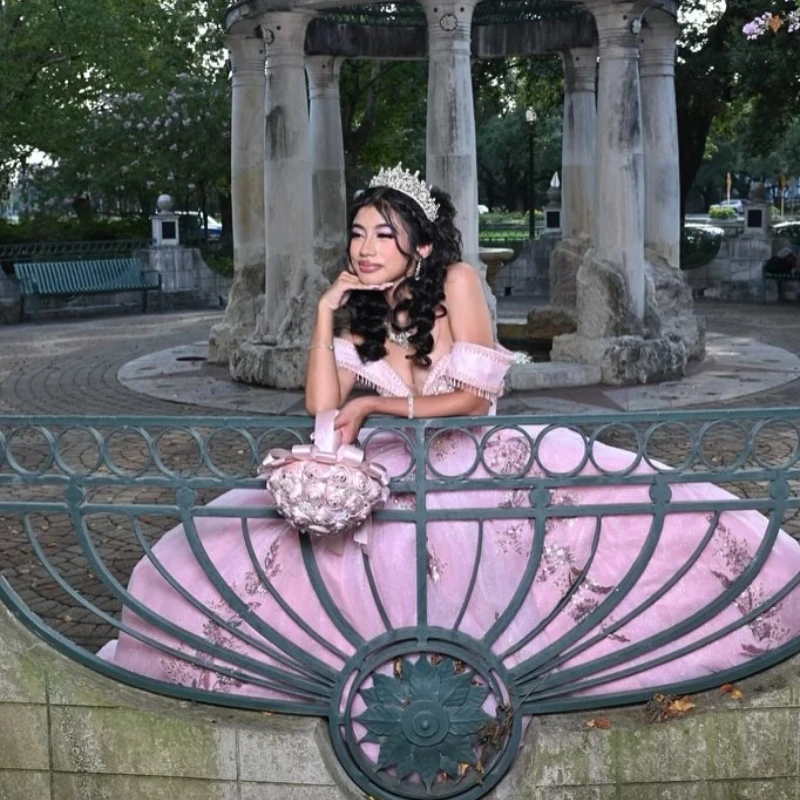 Розовое блестящее бальное платье Quinceanera платья с блестками аппликациями