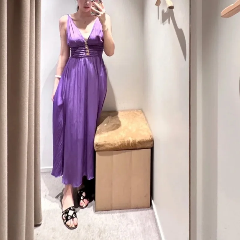 

Women's Deep V-Neck Bead Decoration Spilit Elastic Waist Sleeveless Elegant Midi Dress