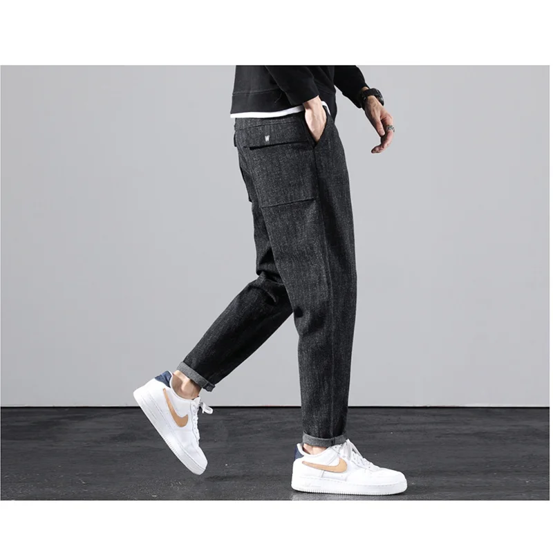 Fashion New Style Men's Brushed Jeans Loose and Tight Waist Autumn and Winter Small Straight Cylinder Black Casual Pants Female
