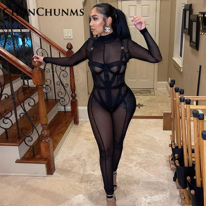 

Sexy See Through Mesh Sport Jumpsuit Women Romper Fitness Transparent Bodycon Booty Hip Slim Overall Autumn Catsuit Clohitng