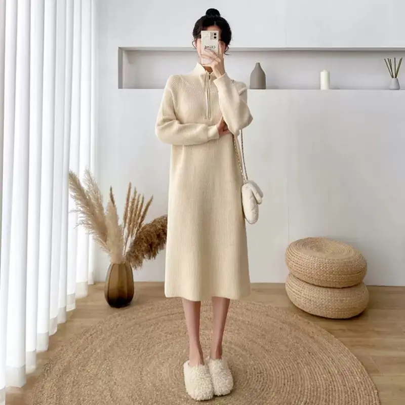 

Female Dress Knee Length Women's Dresses Sexy Daring Formal Turtleneck Crochet Midi Cover Up Clothing Solid Long Sleeve Hot Knit