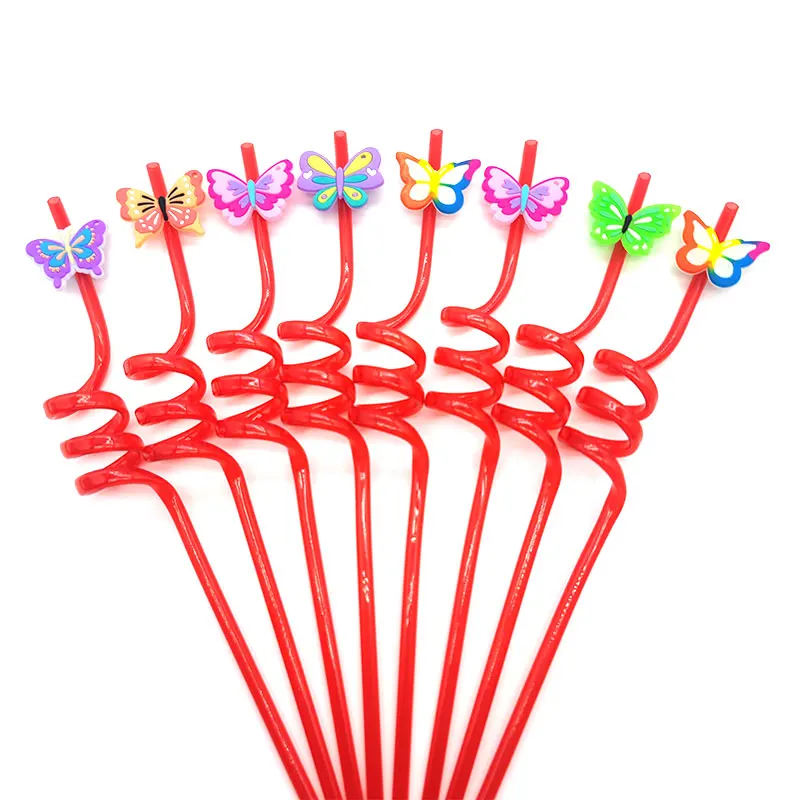 

8pcs 26cm Reusable Plastic Spiral Straws Butterflies/Flamingos/Sea Animals/Mermaids Drinking Straws Romantic Wedding Party Decor