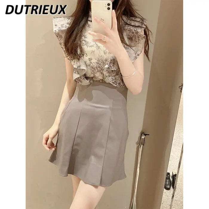 

Japanese Style Spring and Summer Sleevelesee Top New Ruffled Flying Sleeves Women's Elegant Blouse Bow Lace-up Chiffon Shirt