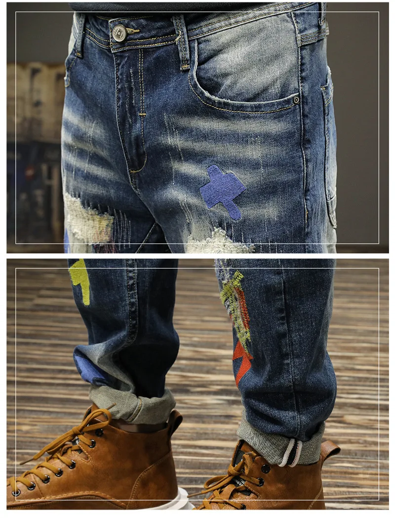Spring And Summer Embroidered Personality Colorful Slim-Fit Jeans Men'S Ripped Patch Light-Colored Youth Long Trousers Trendy