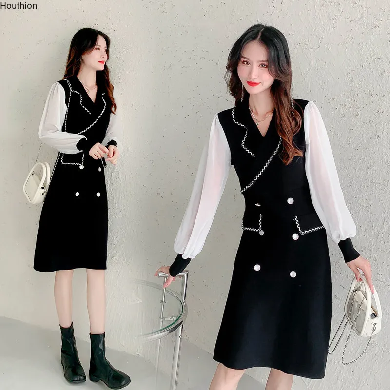 

Autumn New Women's Dresses V-neck Type A Girl Long Sleeve Solid Color Stitching Chiffon Knitting Fashion Houthion