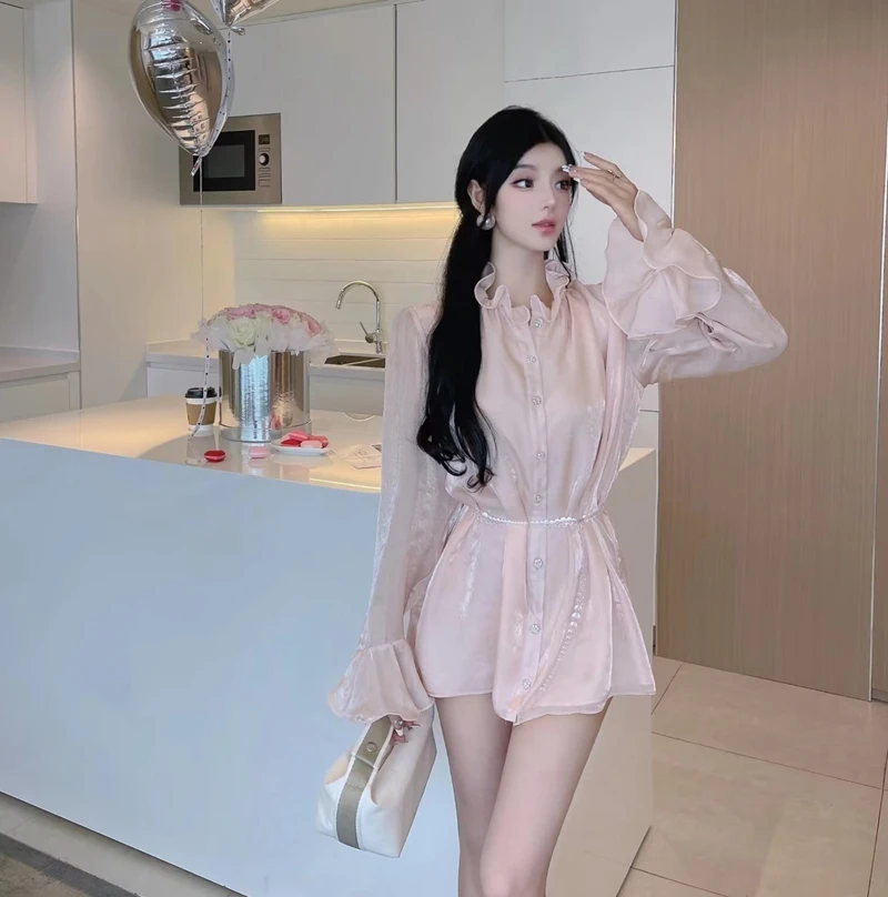 

Autumn Winter French Light Luxury Pink Satin Shirt Skirt Women Palace Style Organza Fungus Edge Stand Collar Long-Sleeved Dress
