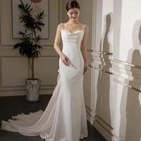 elegant white satin wedding dresses beaded pearls backless spaghetti strap strapless ruched ribbon tailing mermaid bridal gowns