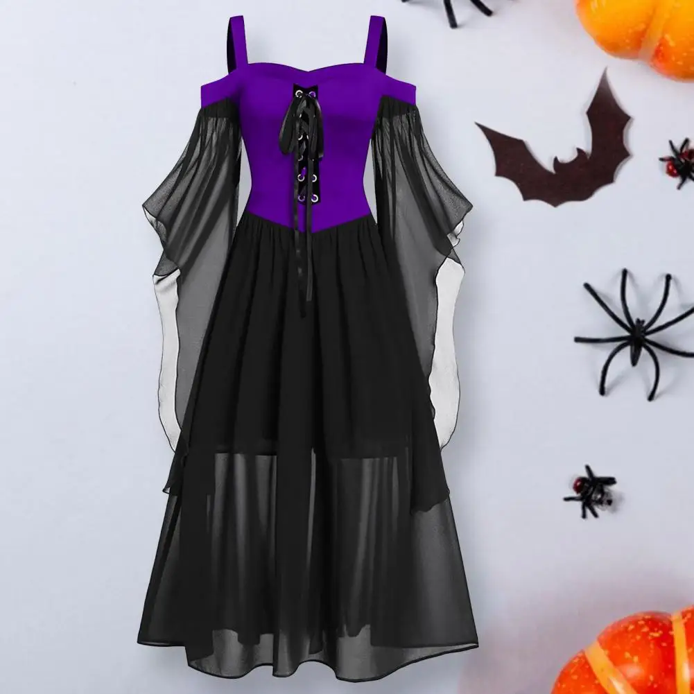 

Ghost Print Batwing Shape Cuffs Pleated Hem Medieval Dress Women Gothic Style Cosplay Retro Halloween Dress Party Outfit