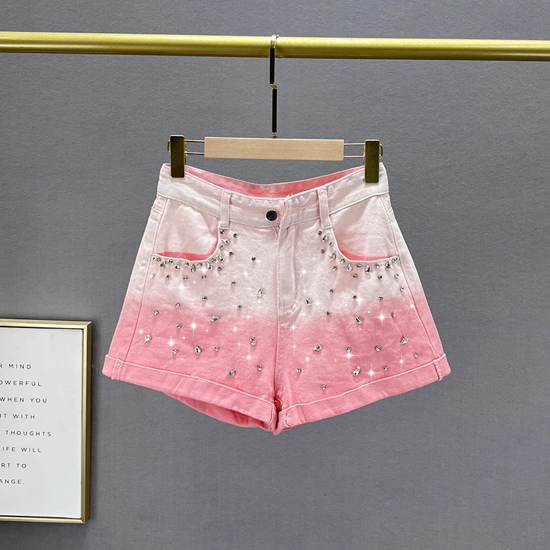 Diamond-Embedded Denim Shorts Women's Summer 2023 New High Waist Loose Slimming Ins European Style Wide-Leg Jeans Short Hot Pant