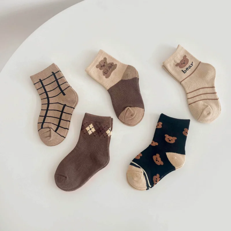 

5 Pair Baby Boy Girl Spring Autumn Cute Bear Floral Socks Cotton Jacquard Short Sock Cute Cartoon Short Socks Baby Stuff