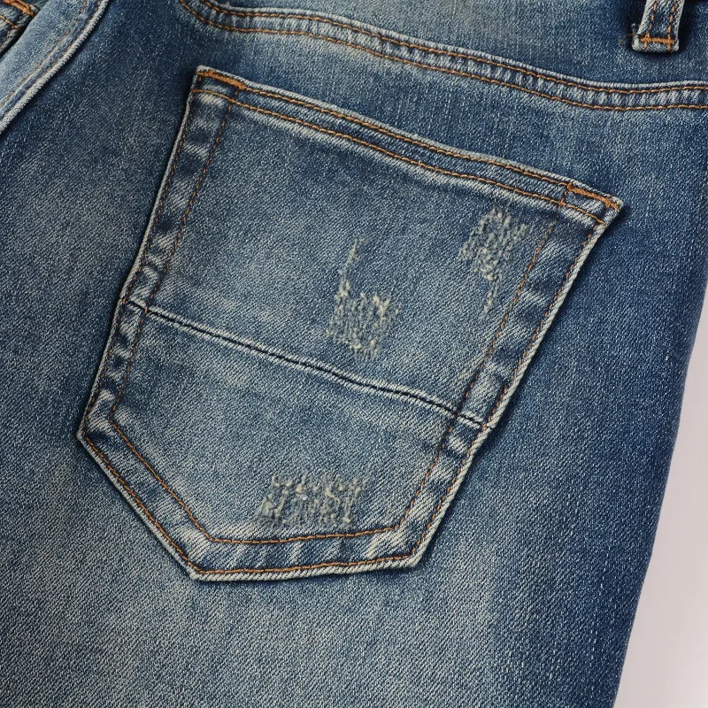 New Arrivals Men's Blue Distressed Slim Fit Steetwear Style Skinny Stretch High Street Damaged Holes Bandana Ribs Ripped Jeans