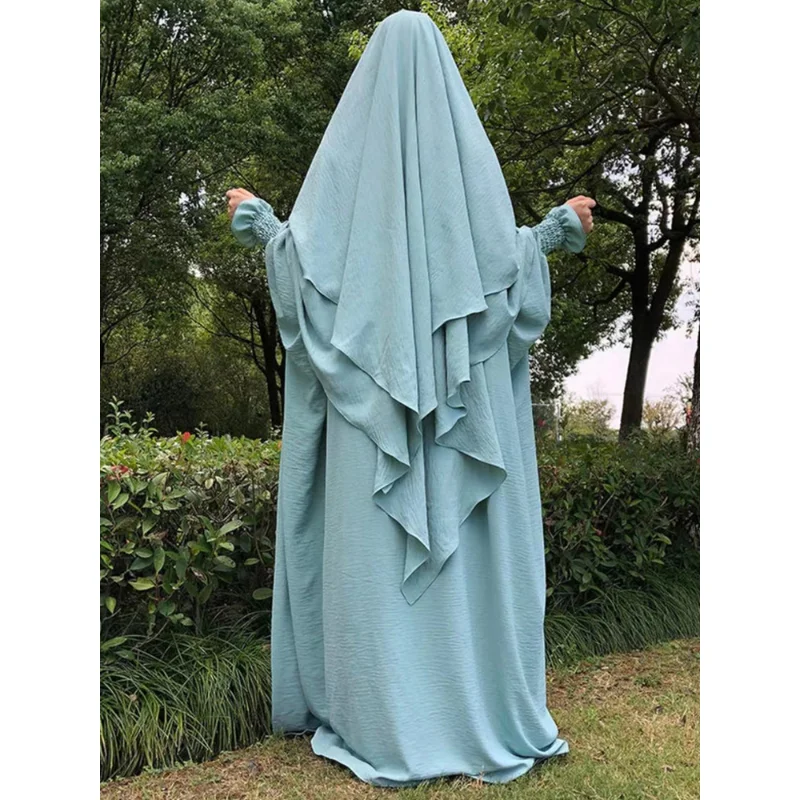 Jilbab Prayer Clothes Women Ramadan Islamic Jilbeb 2 Piece Set Dubai Turkish Modest Outfit Layered Khimar Scarf Hijab+Long Dress