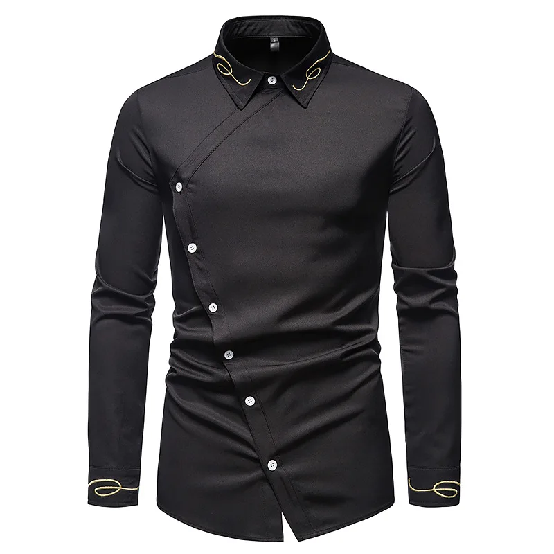 European Version Luxury Gold Embroidery Shirts for Men High Quality Fabric Micro-elasticity Western Cowboy Long Sleeves Shirt