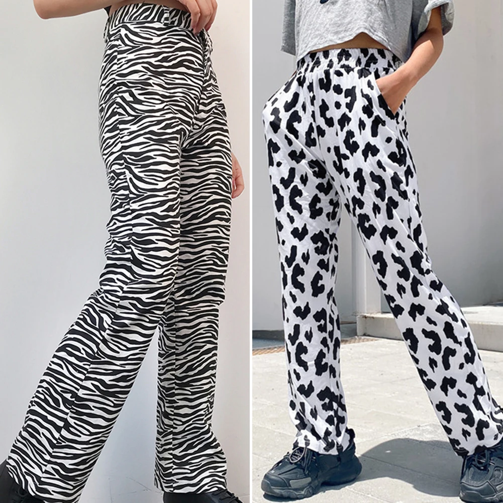 Loose Animal Pattern Trouser Casual Elastic High Waist Long Pant Girl Streetwear Summer Straight Loose Fashion Trousers Pantalon