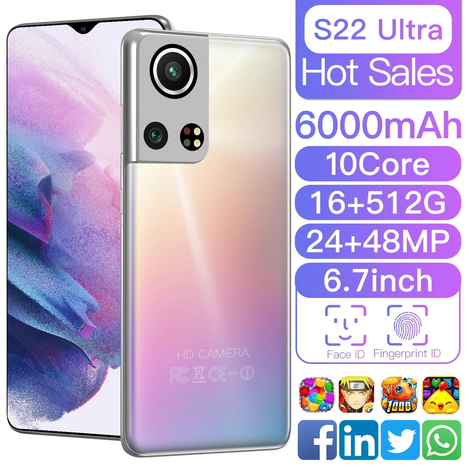 

S22 Ultra 6.7 Inch Drop Screen Face Fingerprint ID Smartphones Android 10.0 16+512GB 10 Core 24+48MP 5G LTE Mobile Phone MT6989