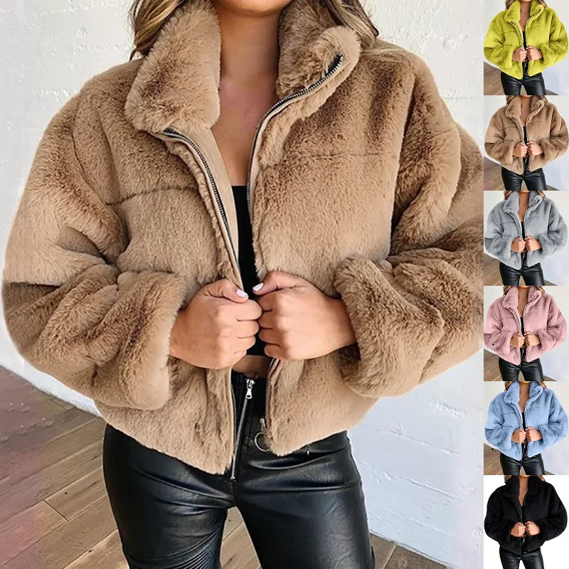 

2021 hot style European and American women's autumn and winter rabbit fur imitation fur zipper cardigan plush warm jacket