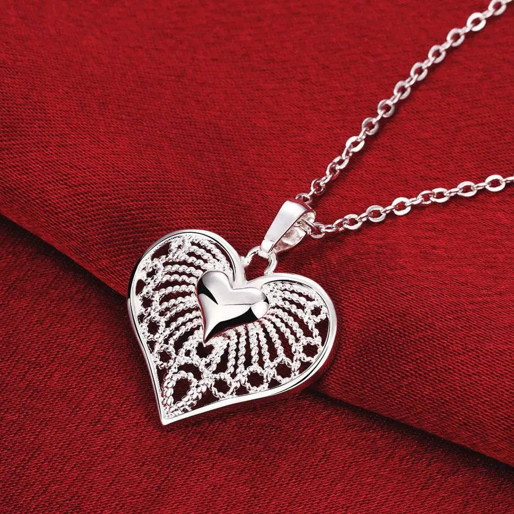 

925 Stamp Silver color Heart Pendant 18 inches Necklace For Women Wedding romantic Birthday Gifts lady party Fashion Jewelry