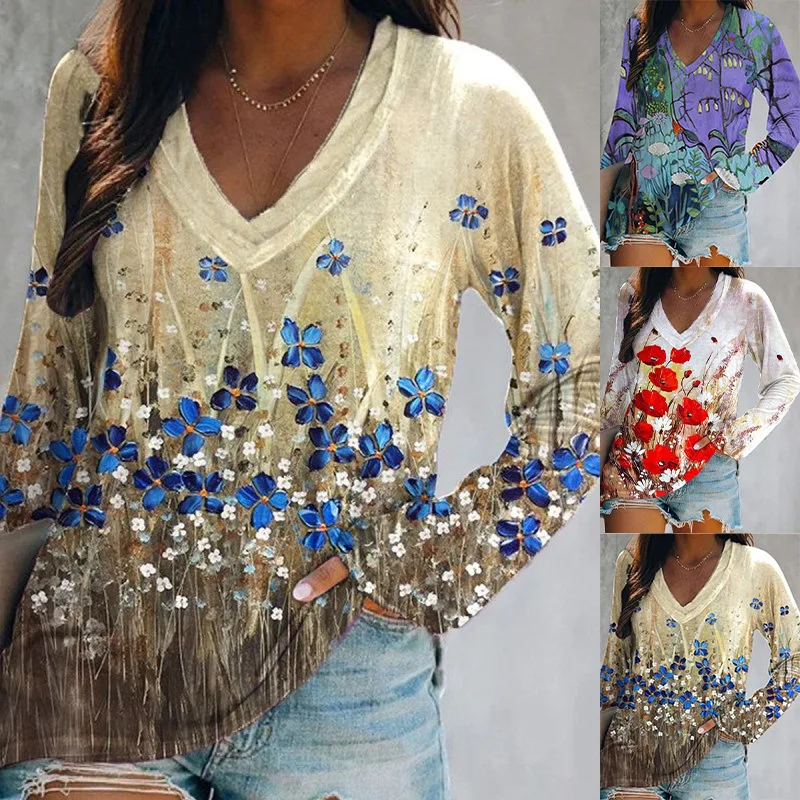 

New Fashion Women Print Shirts Vintage Spring Tee Autumn Blouse Top Casual Full Long Sleeve Pullover S-5XL