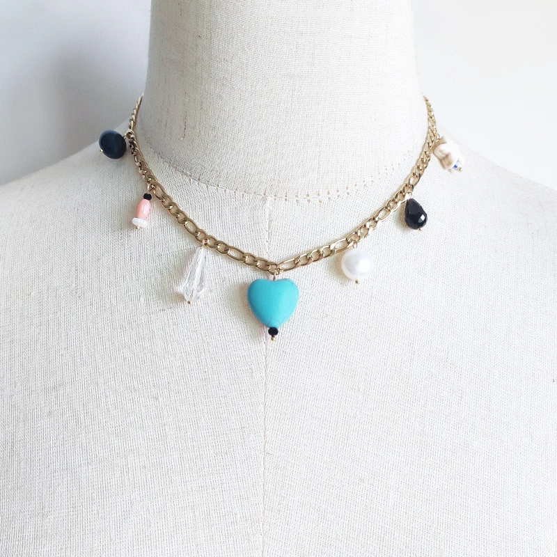 

High Quality Stainless Steel Chain Necklace Multiple Charm Pendant Irregular Crystal Stone Pearl Jewelry Fashion Punk Never Fade
