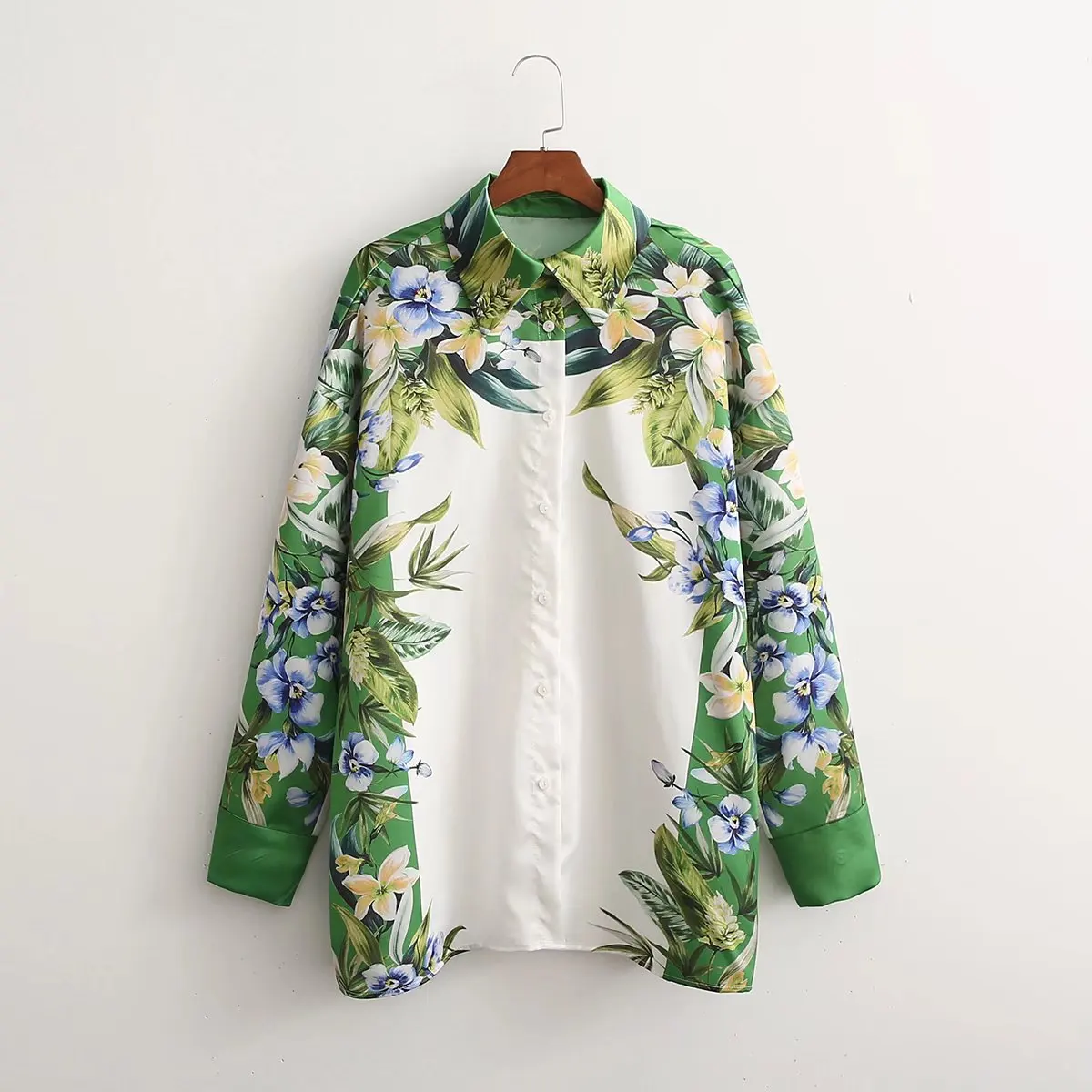 

Blouse Green Print Vintage Long Sleeve Button Blouse Loose Versatile New Office Blouse Elegant Chic Top Plus Size Clothes