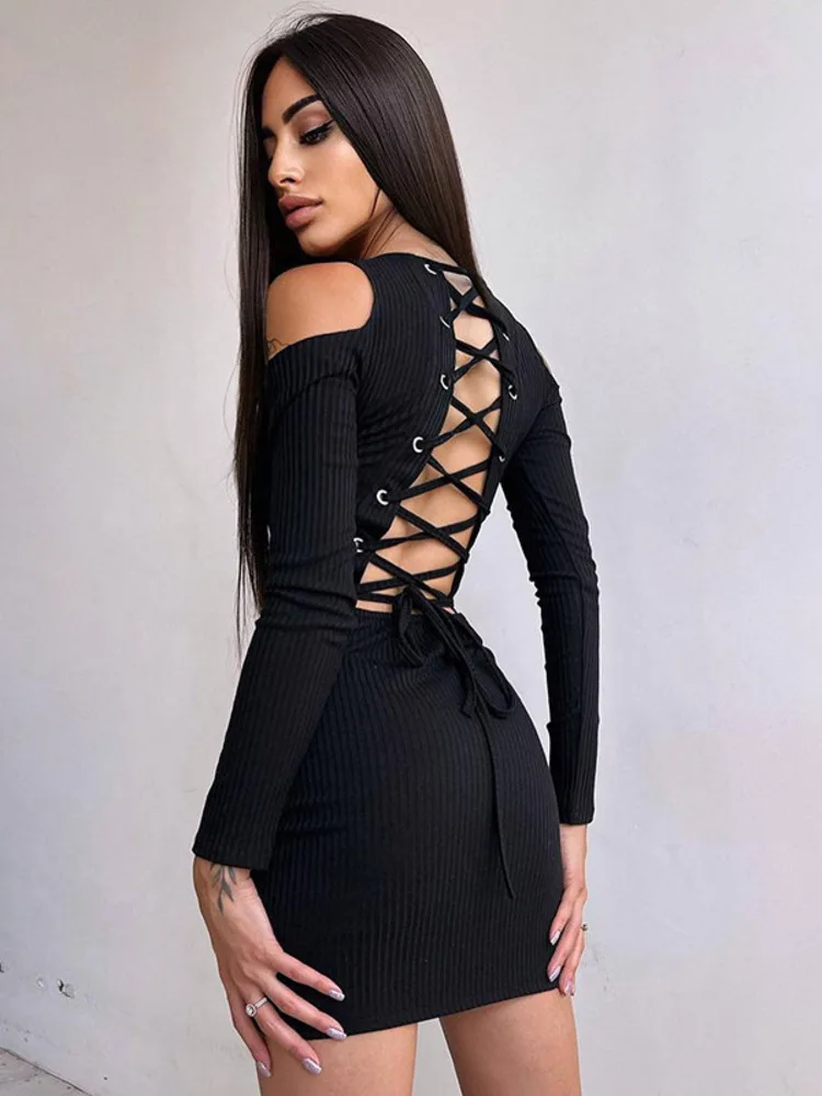 

Sexy Hollow Out Bandage Mini Dress For Women Robe Autumn New Off-shoulder Full Sleeve Bodycon Dress Vestido