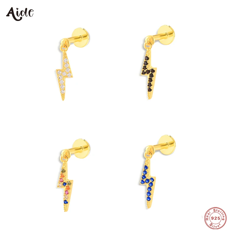 

Aide 1PC 925 Sterling Silver Colorful CZ Zircon Lightning Bolt Charm Piercings Stud Cartilage Earring Tragus Helix Rook Jewelry