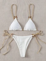 2022 sexy bikini set cute white plain ring linked spaghetti strap triangle thong biquini swimsuit swimwear women bathing suit b0