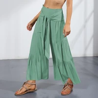 european style summer women loose pants solid casual trousers bandage long flare pants beach casual pants