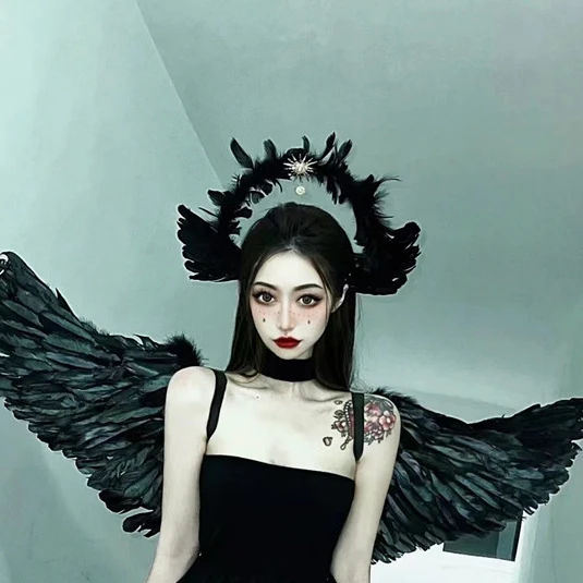 

Lolita Black Feather Devil Goddess Sun Halo Crown Headband Gothic Vintage Mary Baroque Tiara