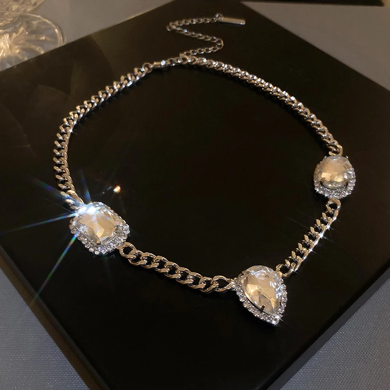 

Sliver Color Geometric Crystal Choker Necklaces for Women Water Drop Clavicle Chain Necklaces Statements Party Jewelry Gifts