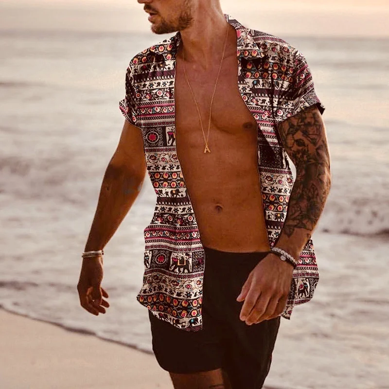 

2023 African Elephant Print Clothing For Men Hawaiian Shirts Ethnic Style Short Sleeve Shirt Male Plus Size 5XL