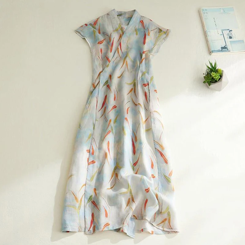 

2023 Summer New Women Printed Cotton Linen Dress Sleeveless Chinese Style Soft Loose Cheongsam Dresses Female Elegant Long Robe