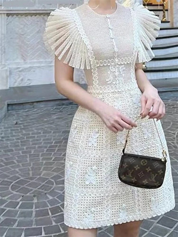 

Lace Short Sleeve Solid Apricot Mesh Summer Boho Dresses Women Dress A-Line Woman Vintage Elegant 2023 Sexy Party Embroidery