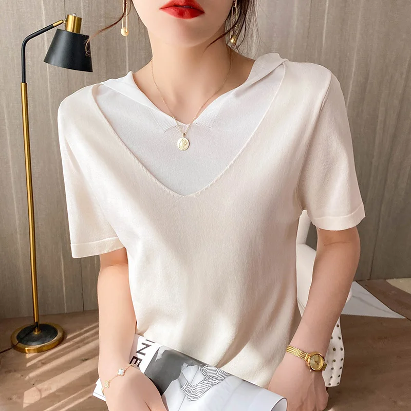 

V-neck hooded knit short sleeved women's 2022 summer new versatile T-Shirt Top thin loose half sleeved Hoodie