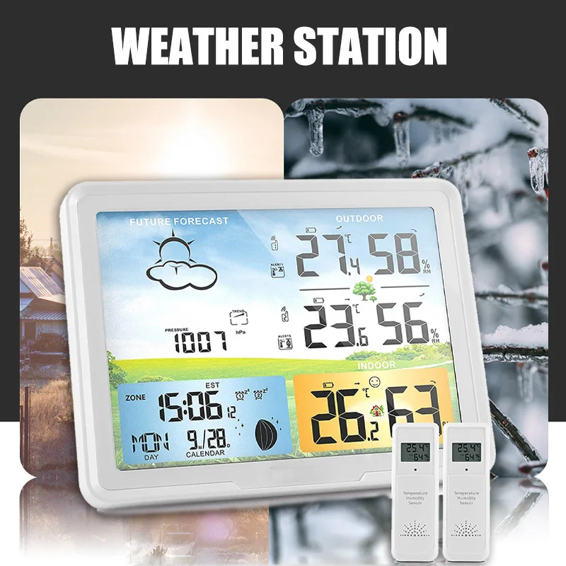 Weather Station Wireless Indoor Outdoor Sensor Thermometer Hygrometer With 2 Sensor Clock Remote Sensor Home Weather Monitor