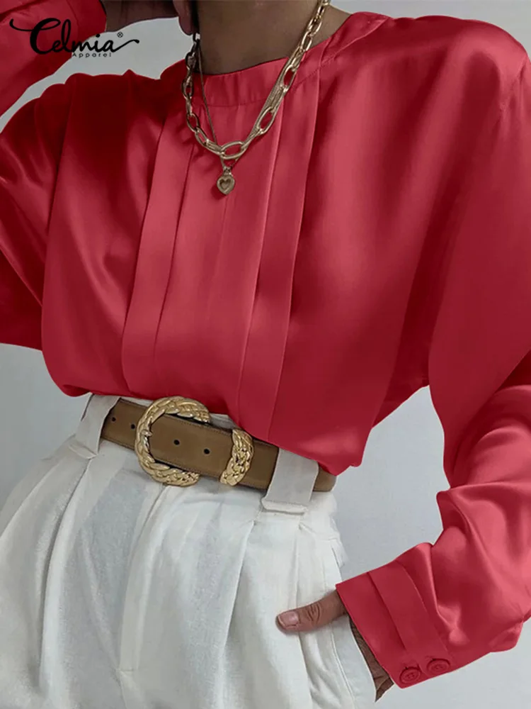 

Celmia Women Satin Shirt 2022 Fashion Long Sleeve Elegant Slik Blouses Casual Solid Pleated O-neck Tops Tunic Party Blusas Femme
