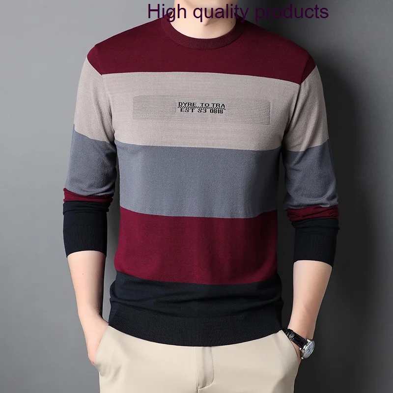 

Sleeve Long Striped Men's Spring Autumn Round Collar Computer Knitted Casual Male Pullover Man Sweaters