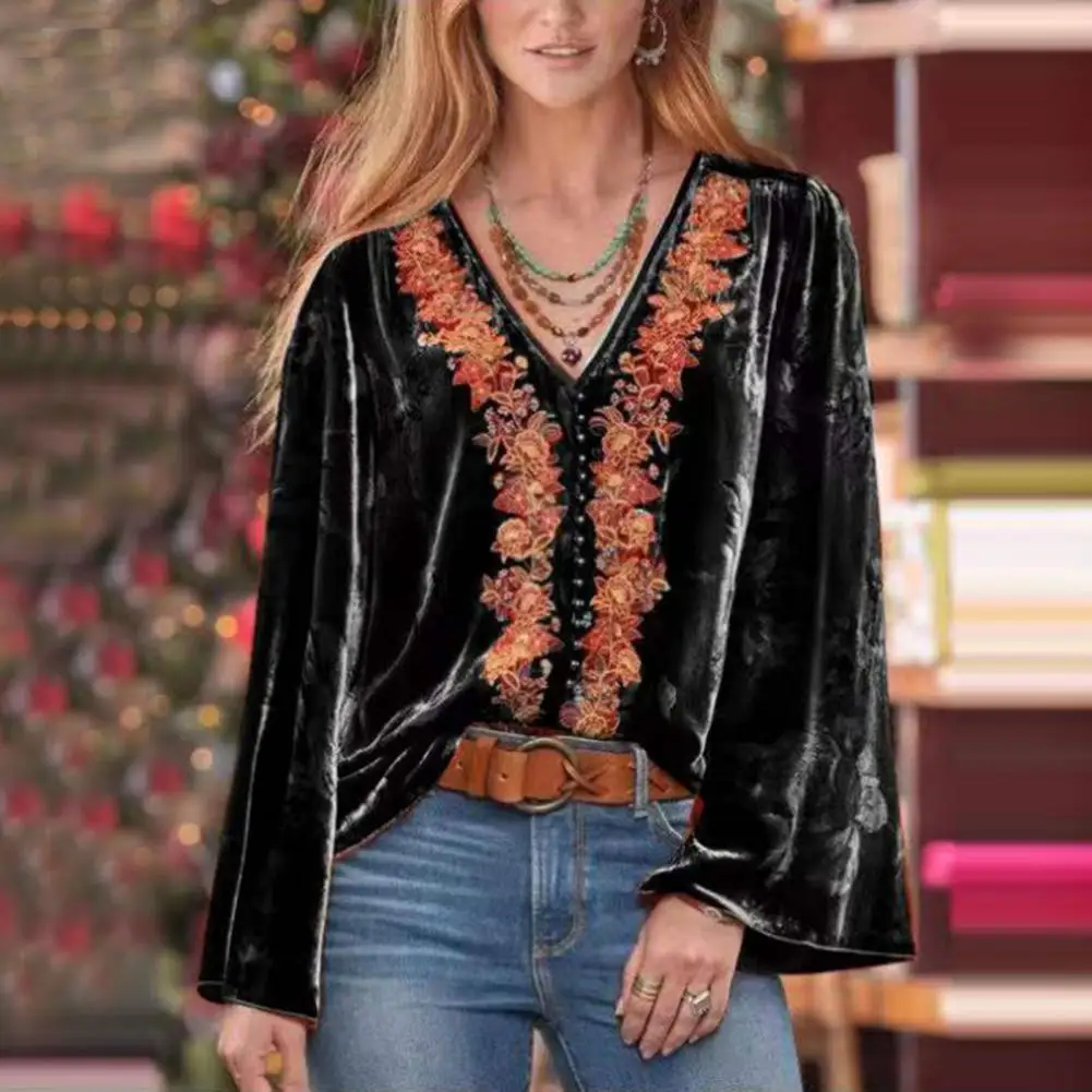 

Lady Long Sleeve Top Vintage Flower Embroidery Pullover Soft Casual Women's Blouse with V-neck Bead Decor Floral Neckline Top