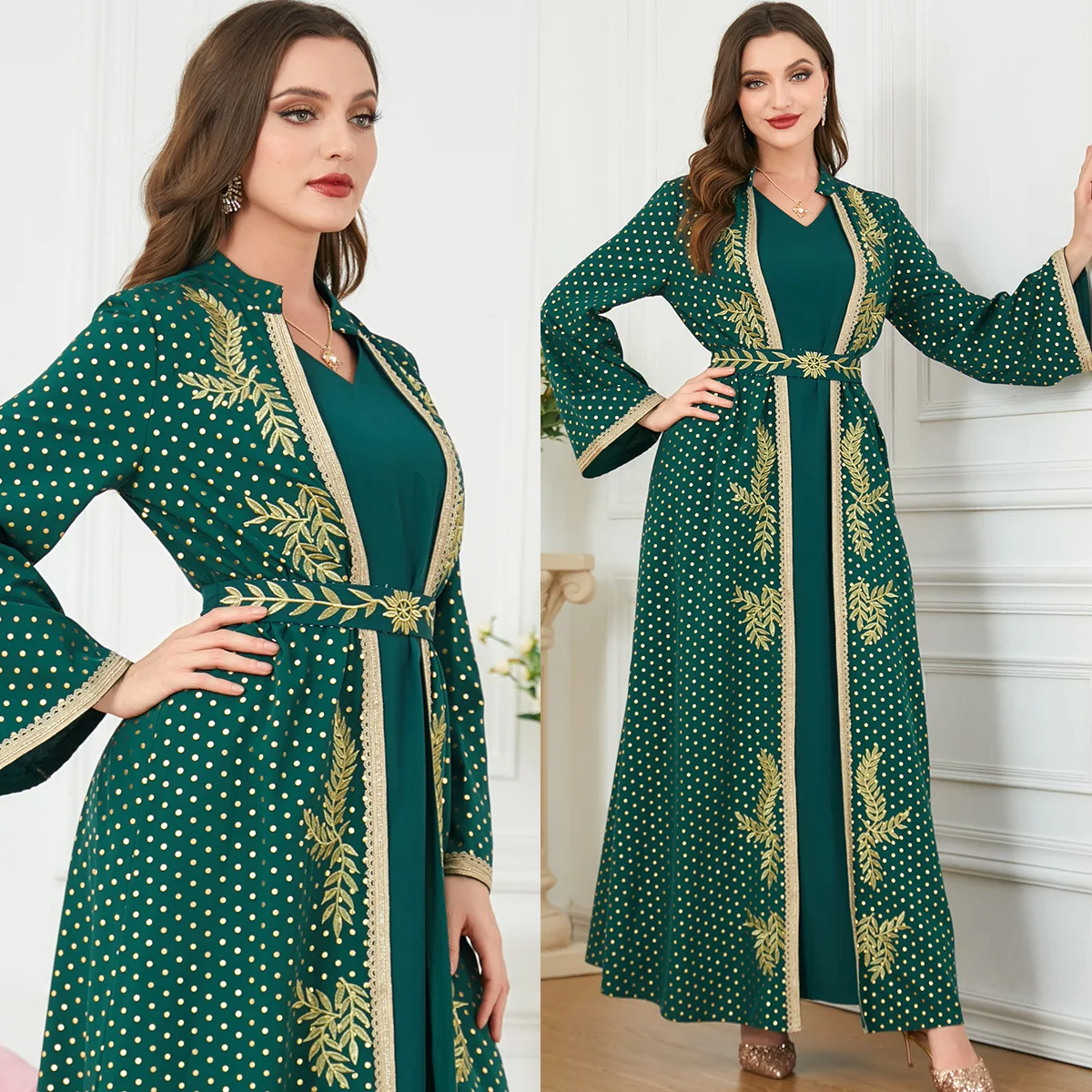 Luxury Green Muslim Set for Women Ramadan Arabic Femme Embroidery Abaya Dress Islamic Jalabiya Clothing Turkey Moroccan Kaftan