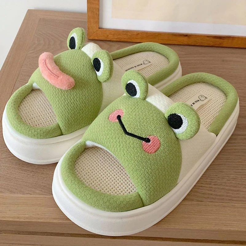 Women Slippers Fun Frog Shape Design Hemp Platform  Home Cotton Flax Ladies Casual Shoes Non-slip Bedroom Woman Slides Shoes