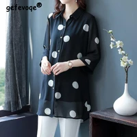 casual fashion polka dot button long shirt summer 2022 new office lady polo neck three quarter sleeve loose tops ladies clothing