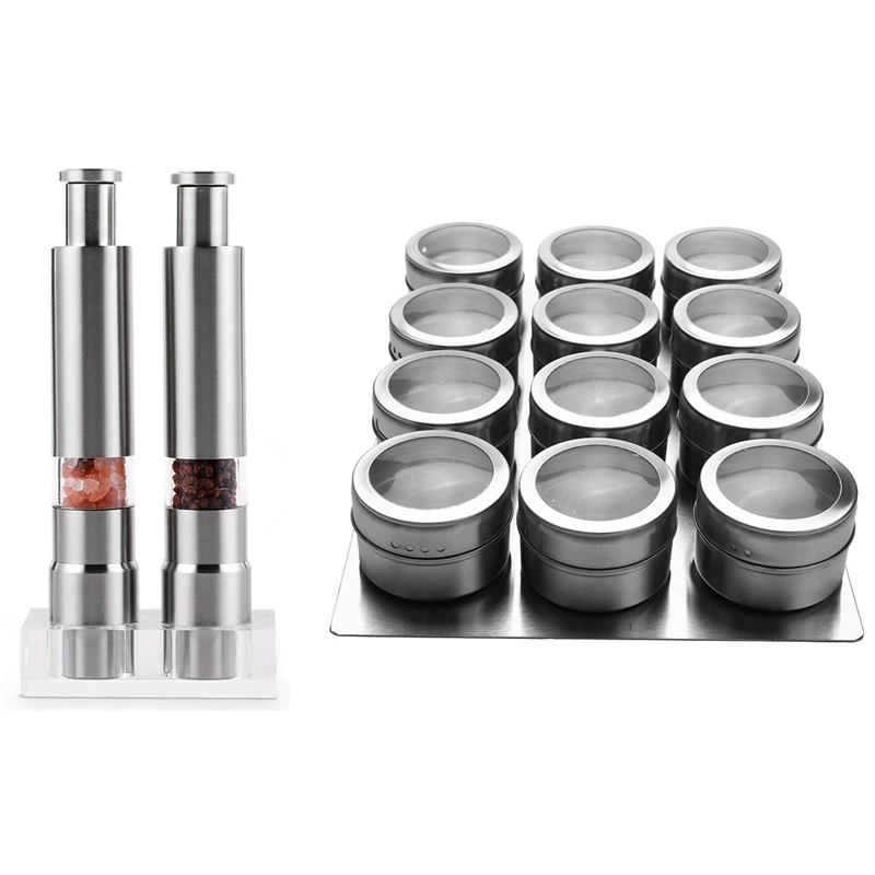

12 Pcs Stainless Steel Salt and Pepper Shakers Spice Rack & 2 Pcs Pepper Mill Salt Shaker Glass Salt and Pepper Set