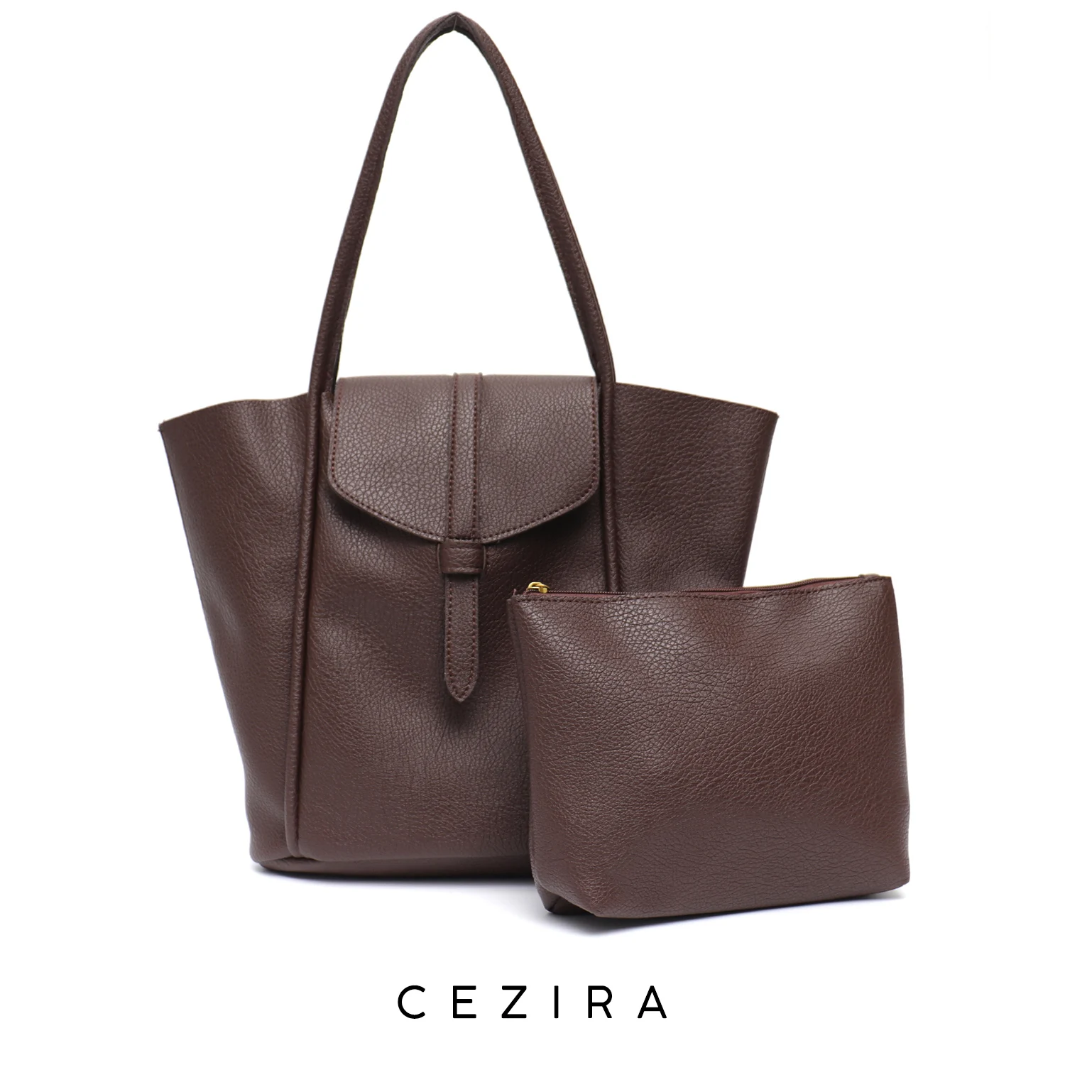 

CEZIRA Soft PU Vegan Leather Tote Bag Women Fashion Daily Flap Bucket Top-handle Shoulder Handbag Set Large Laptop Shopper Purse
