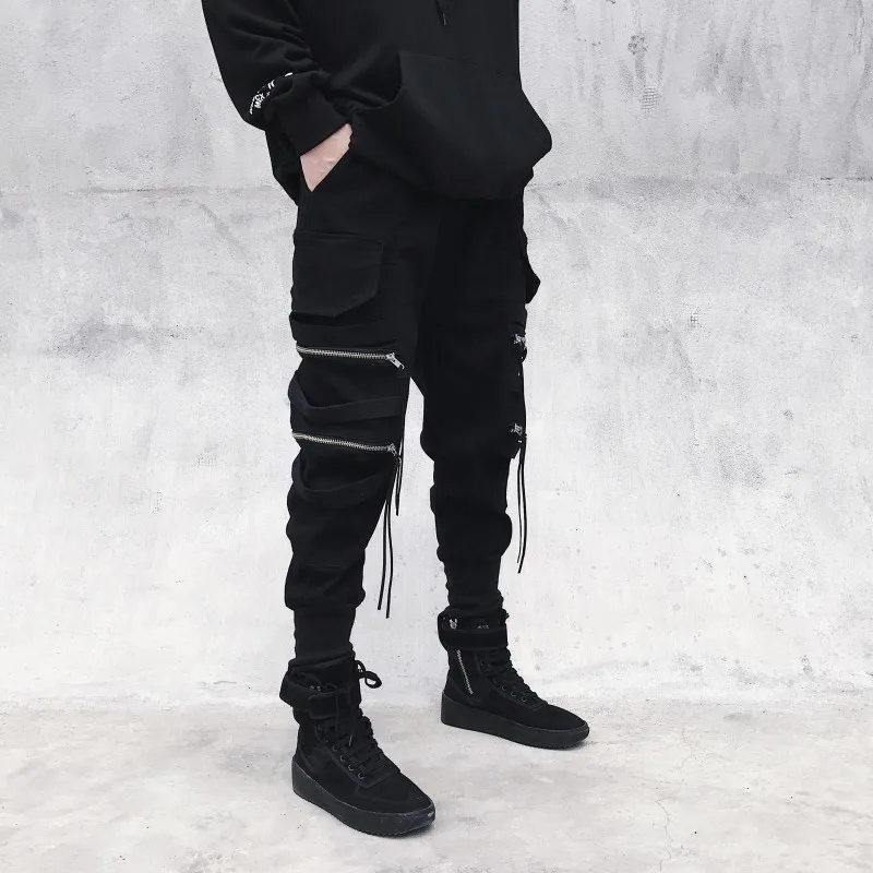 

Men Black Cargo Pants Punk Pants Punk Rave Joggers Men Jogging Techwear Autumn Korean Streetwear Hip Hop Zipper Ribbon