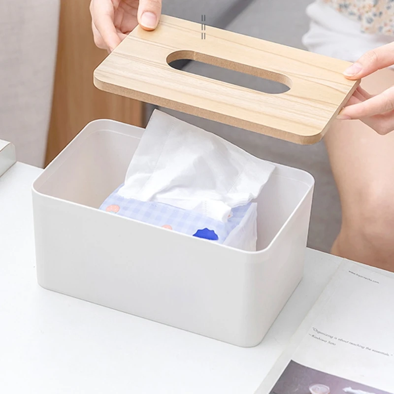 

Rectangle Wooden Tissue Holder Utility Paper Organizer Dustproof for Table Car