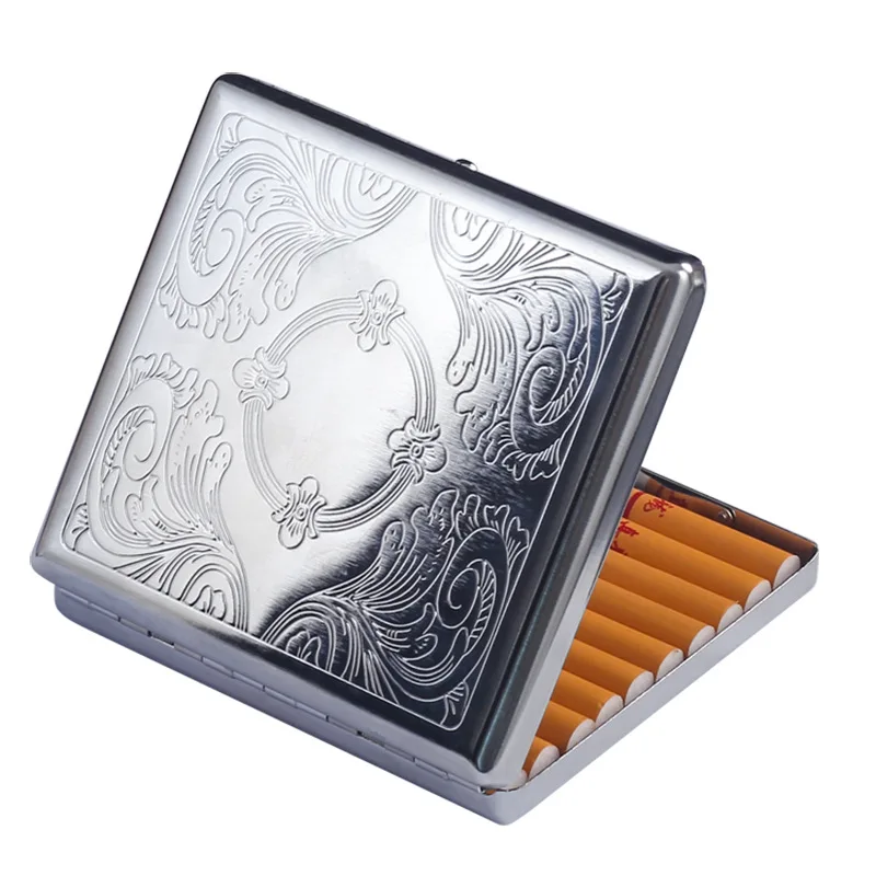 1pc Engraved Silver Portable Metal Cigarette Case for 20 Cigars Flip Open Storage Box Holder Travel Outdoor Smoking Tools
