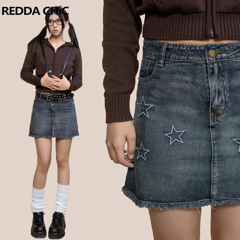 

Юбка женская джинсовая REDDACHiC Acubi с вышивкой в виде звезд, модная короткая синяя мини-юбка с завышенной талией, трапециевидная, в стиле гранж, Y2k, винтажная одежда