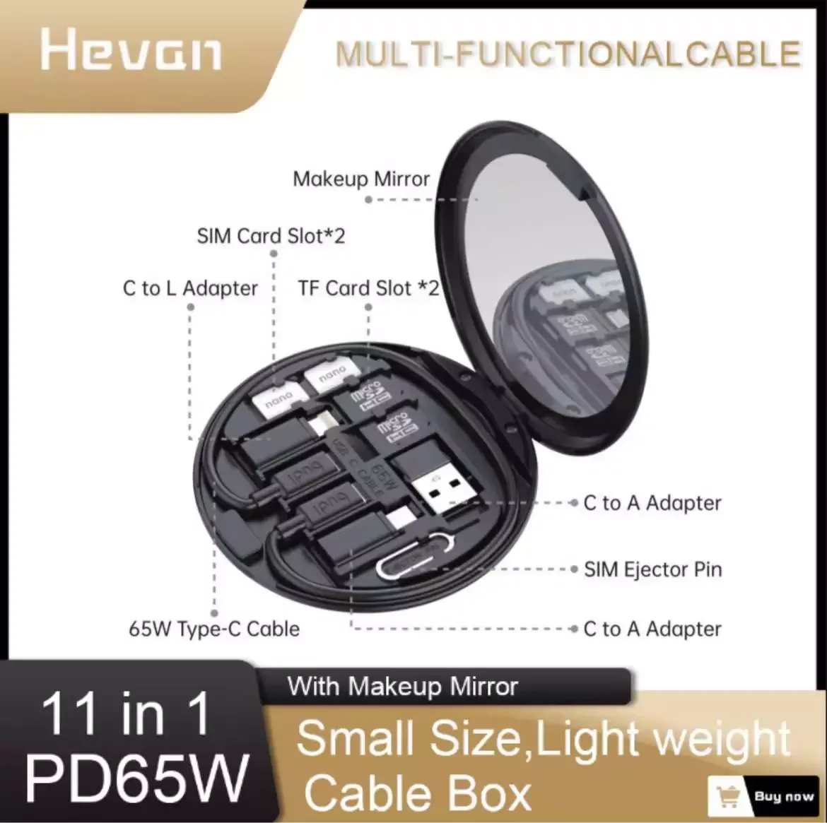

Budi 11 in 1 Multifunction Cable Box USB C Type-C Micro Lightning PD65W Power Cable SIM Ejector Pin Makeup Mirror TF Card Slot