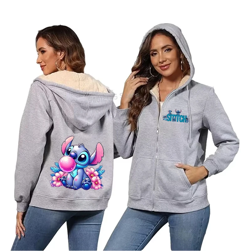 Lilo Stitch Zip Up Hoodies Women Winter Fleece Sweatshirt Cute Kawaii Hooded Pullover Sportwear Female Casual Coat Streetwear
